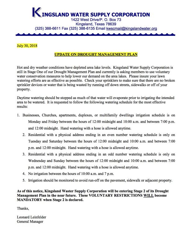 Recent News Kingsland Water Supply Corp.